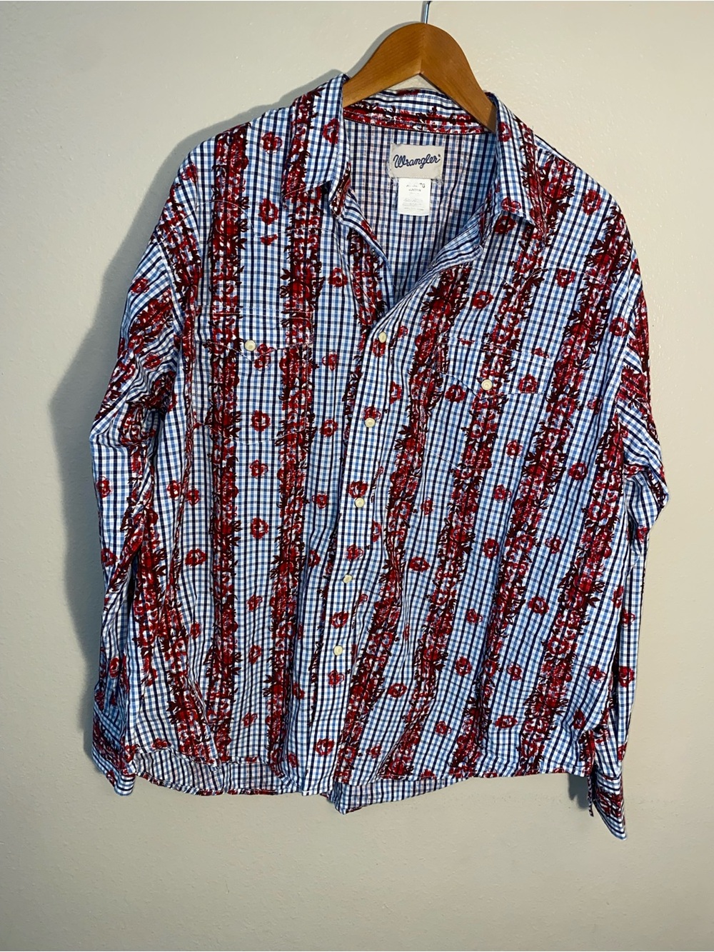 Vintage Wrangler Western Pearl Snap Shirt Gingham Floral Stripe - Men's Size XL